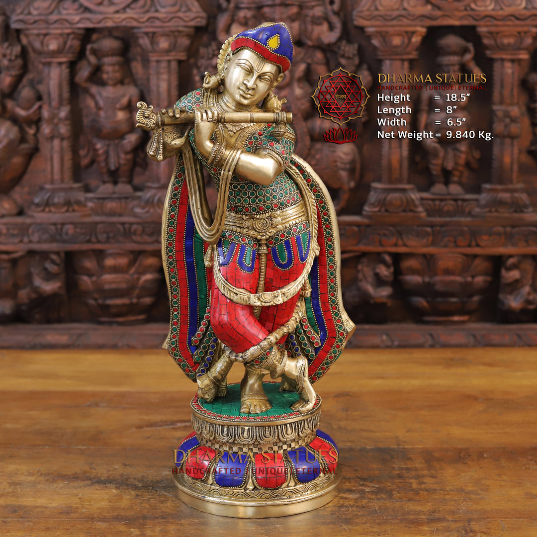 Brass Lord Krishna Idol, Playing Flute, Golden & Stone work 18.5" Front View