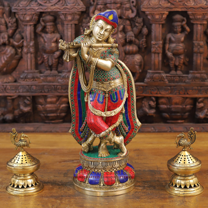 Brass Lord Krishna Idol, Playing Flute, Golden & Stone work 18.5"