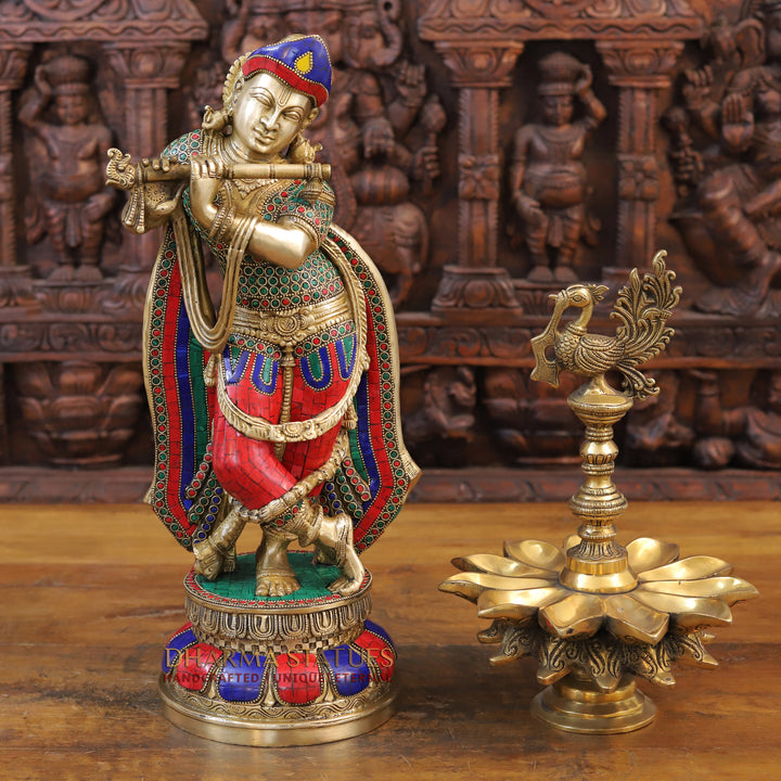 Brass Lord Krishna Idol, Playing Flute, Golden & Stone work 18.5"