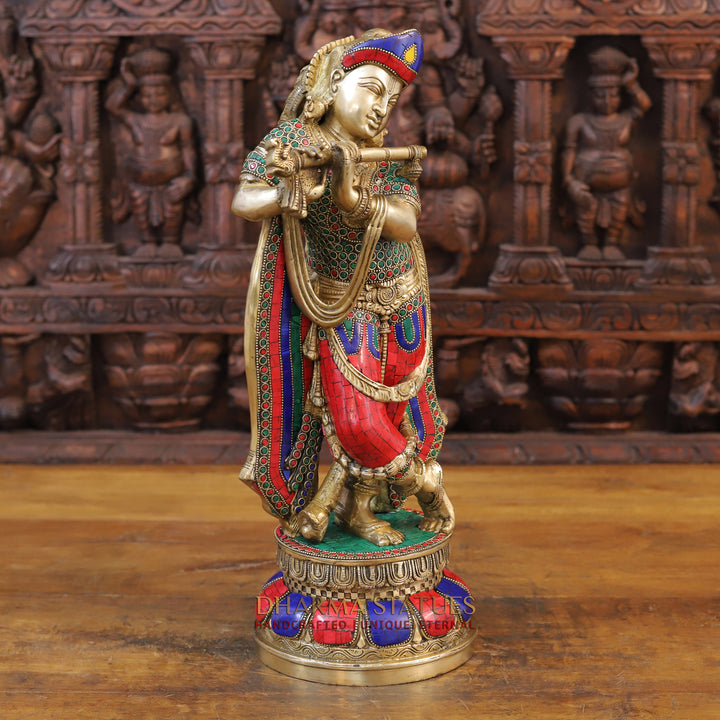 Brass Lord Krishna Idol, Playing Flute, Golden & Stone work 18.5"