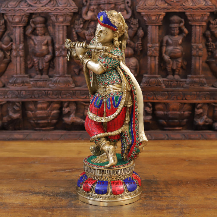 Brass Lord Krishna Idol, Playing Flute, Golden & Stone work 18.5"