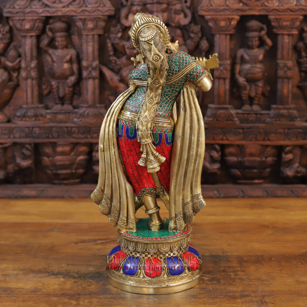 Brass Lord Krishna Idol, Playing Flute, Golden & Stone work 18.5"