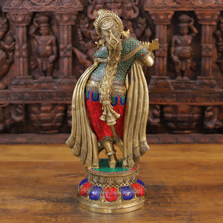 Brass Lord Krishna Idol, Playing Flute, Golden & Stone work 18.5"