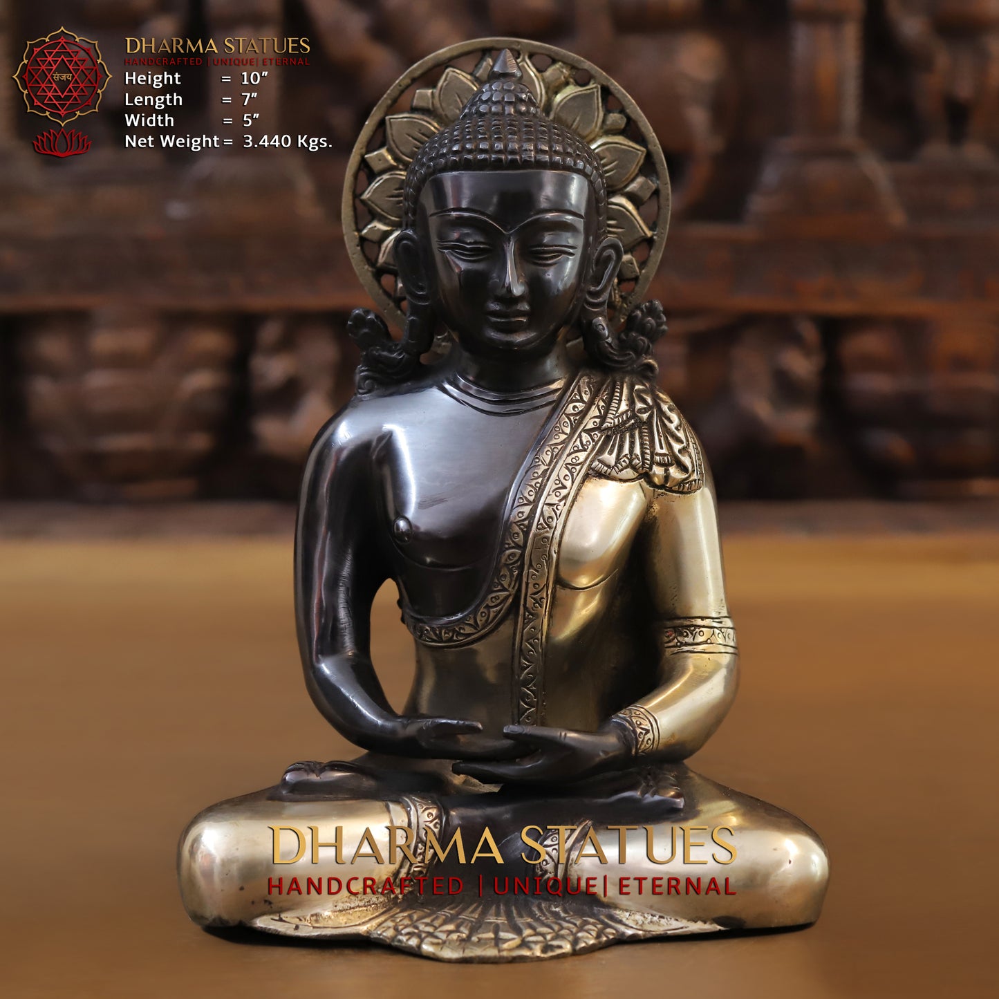 Brass Buddha Statue Seated, Black Patina & Golden Finish, 10"