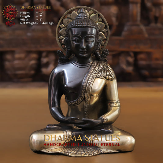 Brass Buddha Statue Seated, Black Patina & Golden Finish, 10"
