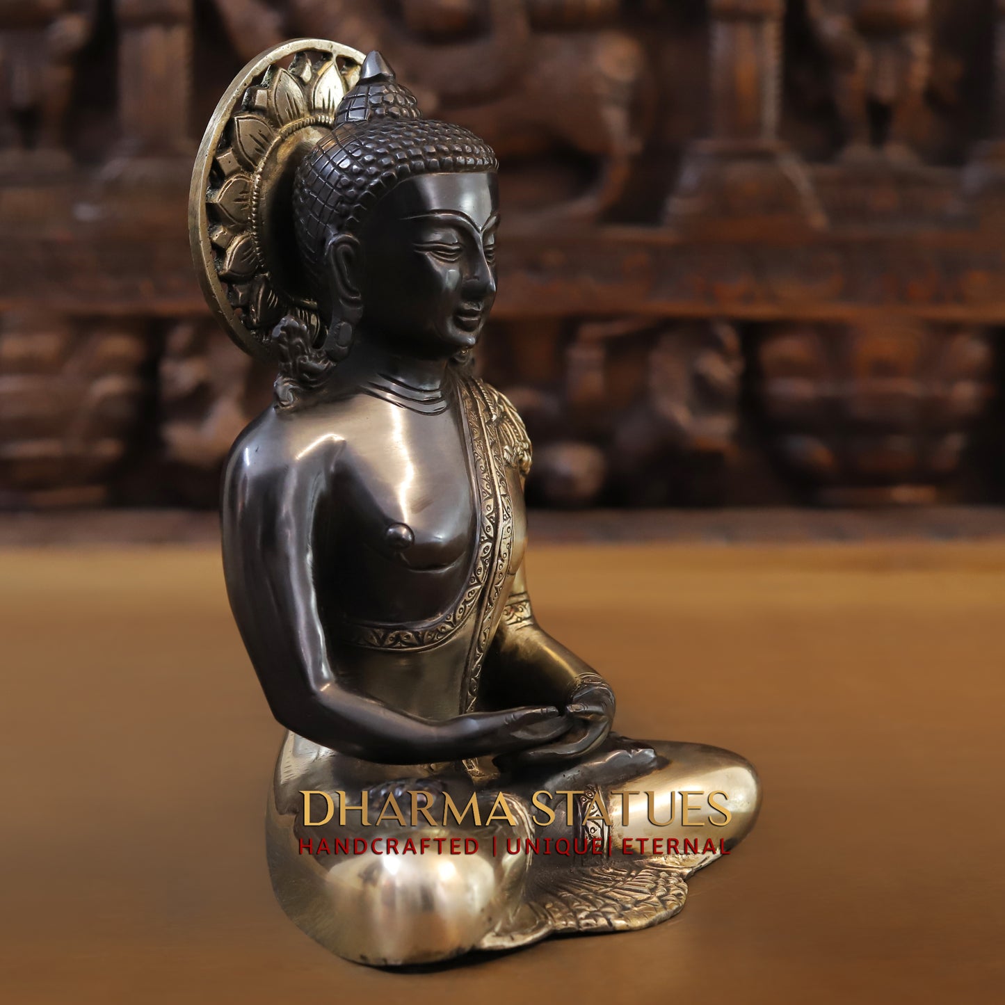 Brass Buddha Statue Seated, Black Patina & Golden Finish, 10"