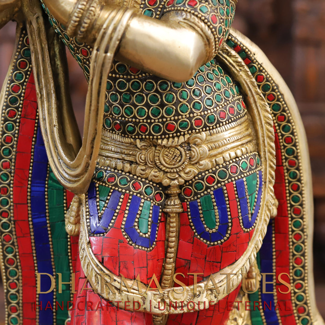 Brass Lord Krishna Idol, Playing Flute, Golden & Stone work 18.5"