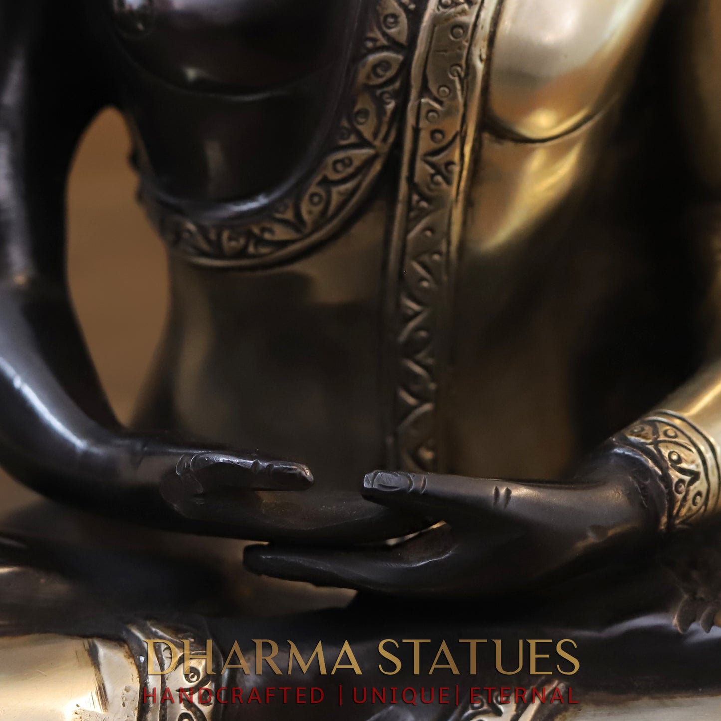 Brass Buddha Statue Seated, Black Patina & Golden Finish, 10"