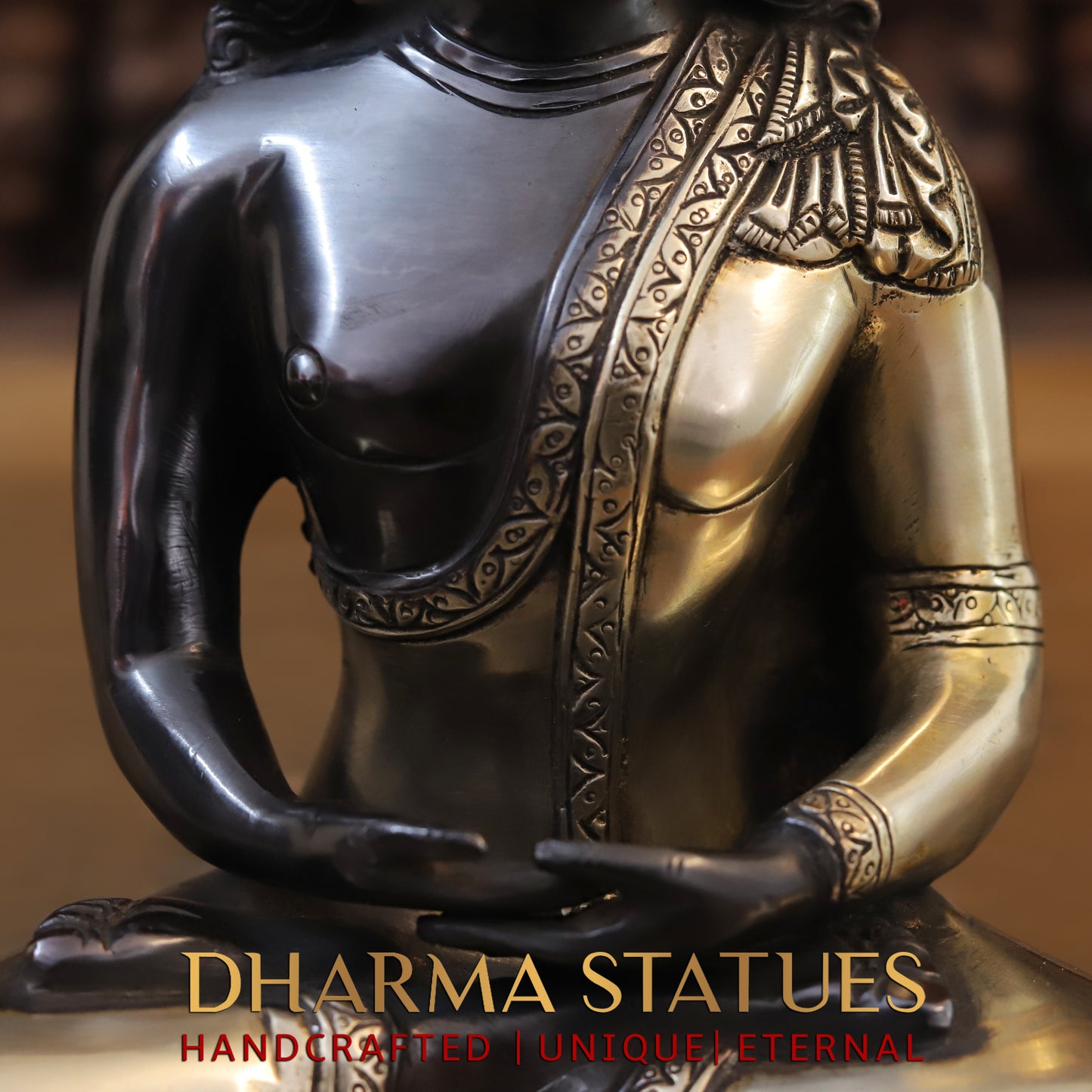 Brass Buddha Statue Seated, Black Patina & Golden Finish, 10"