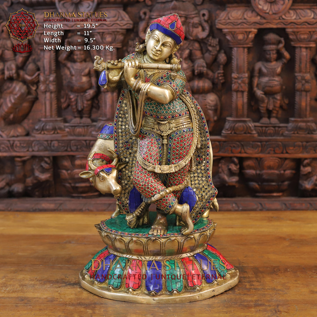 Brass Krishna Idol, With Cow, Golden & Stone work, 19.5" Front View