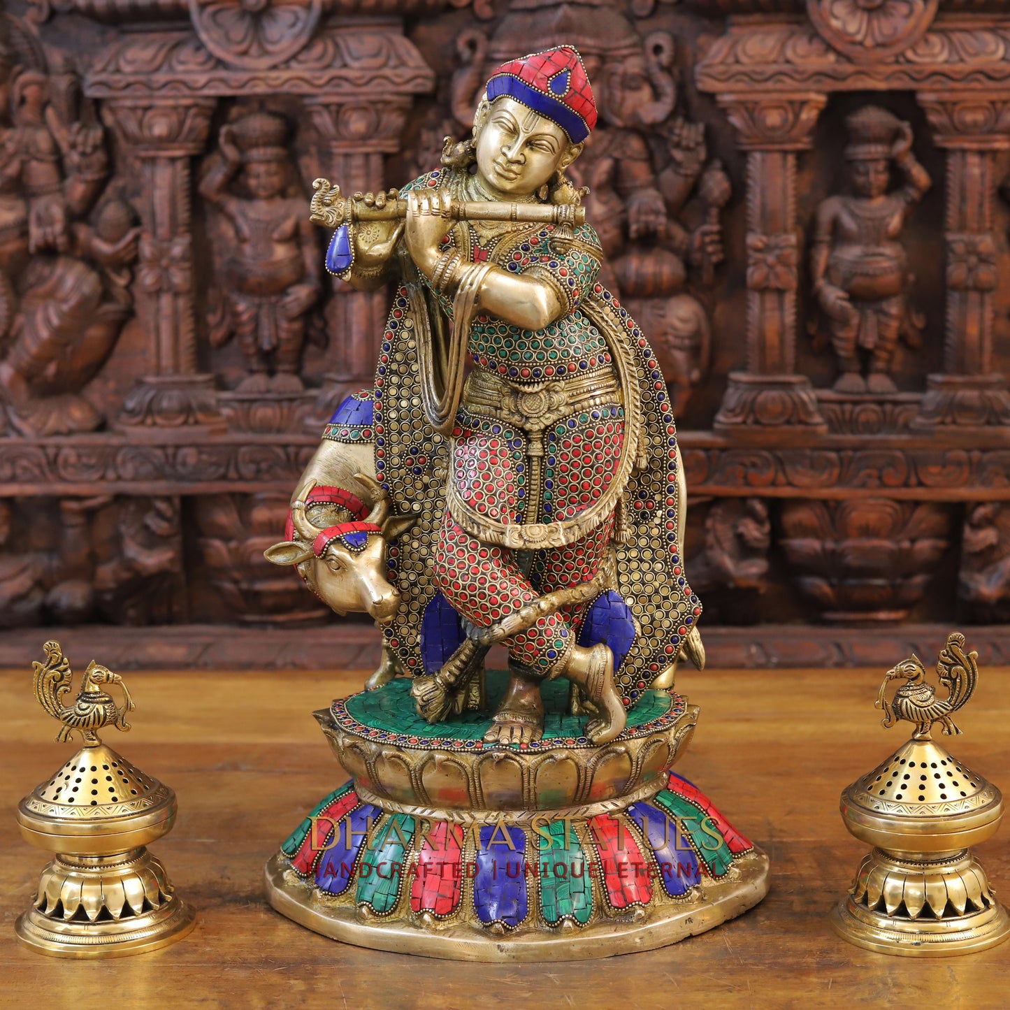 Brass Krishna Idol, With Cow, Golden Finish with Stonework, 19.5"
