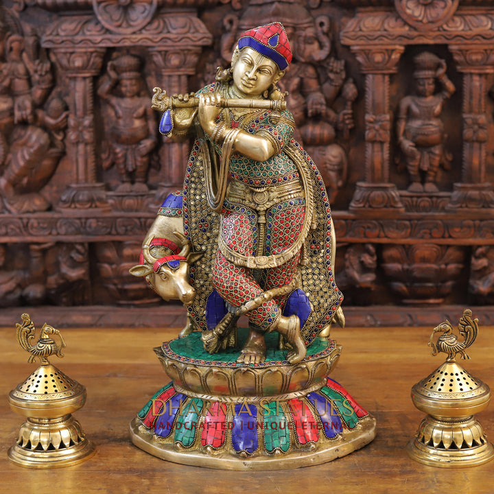 Brass Krishna Idol, With Cow, Golden Finish with Stonework, 19.5"