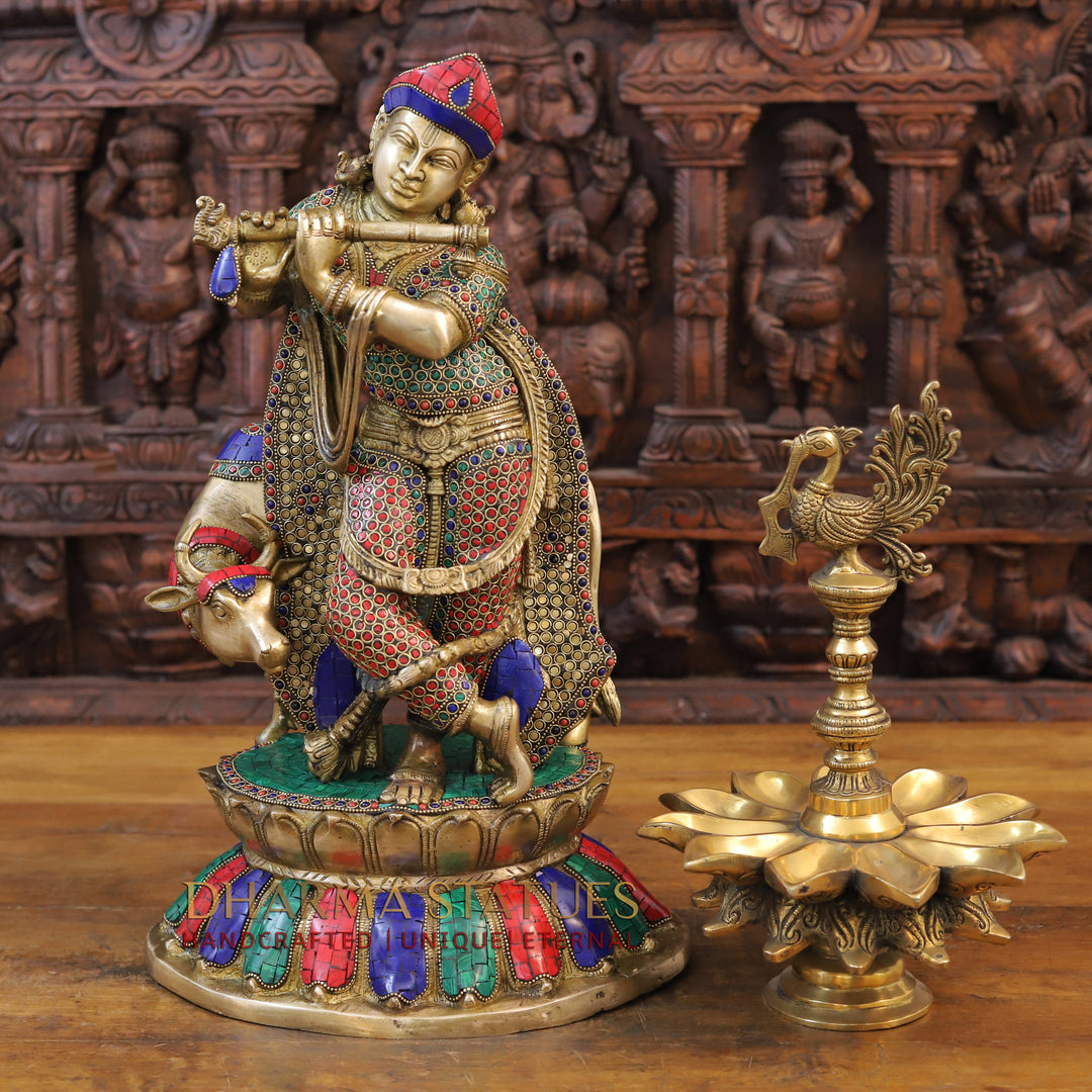 Brass Krishna Idol, With Cow, Golden Finish with Stonework, 19.5"