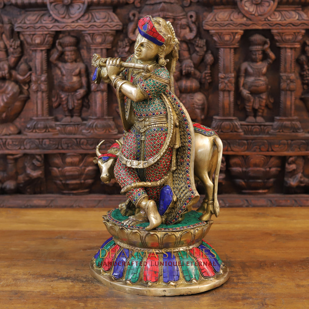 Brass Krishna Idol, With Cow, Golden Finish with Stonework, 19.5"