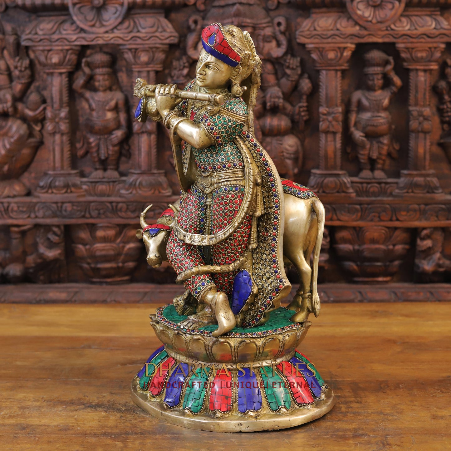 Brass Krishna Idol, With Cow, Golden Finish with Stonework, 19.5"