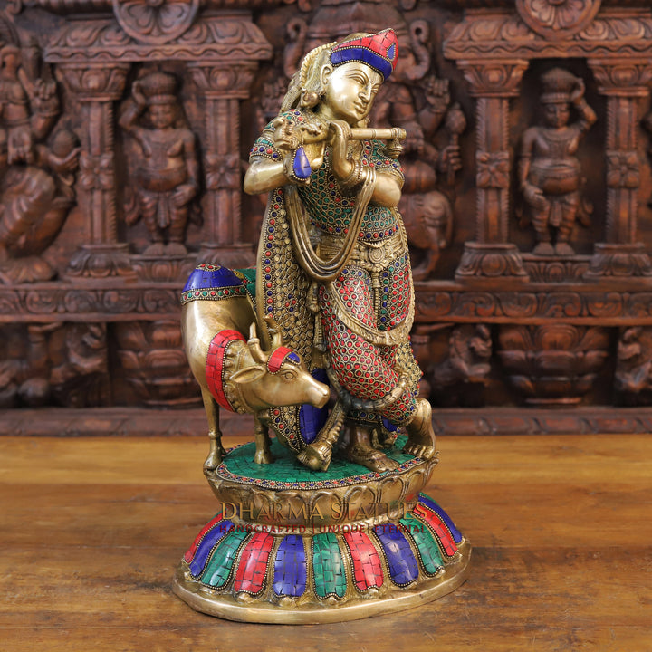 Brass Krishna Idol, With Cow, Golden Finish with Stonework, 19.5"