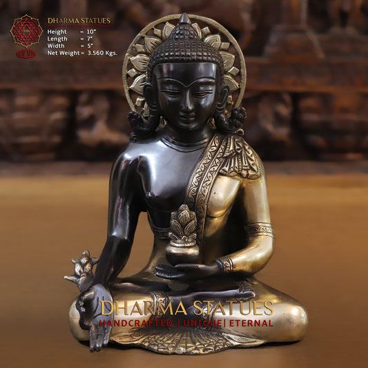 Brass Buddha Statue Seated, Black Patina & Golden Finish, 10"