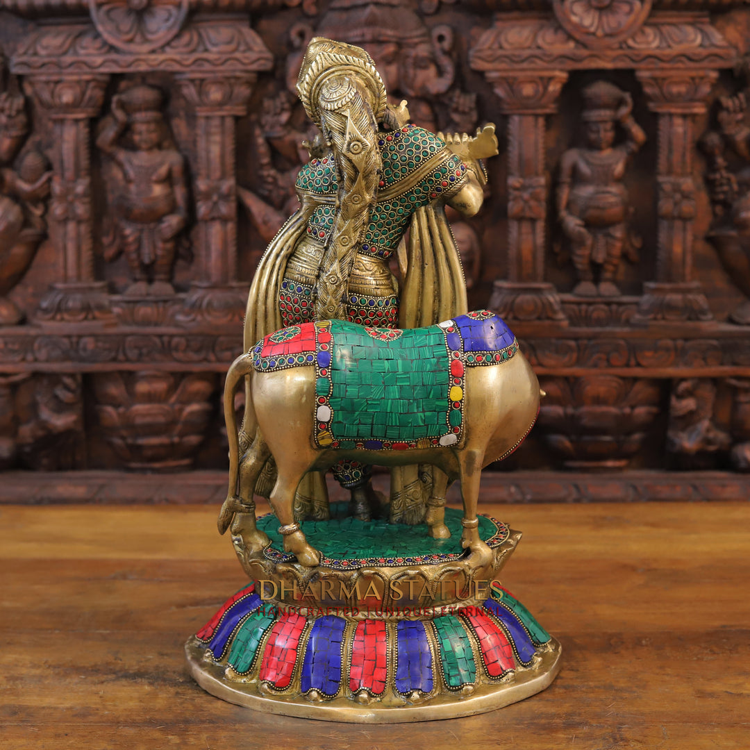 Brass Krishna Idol, With Cow, Golden Finish with Stonework, 19.5"