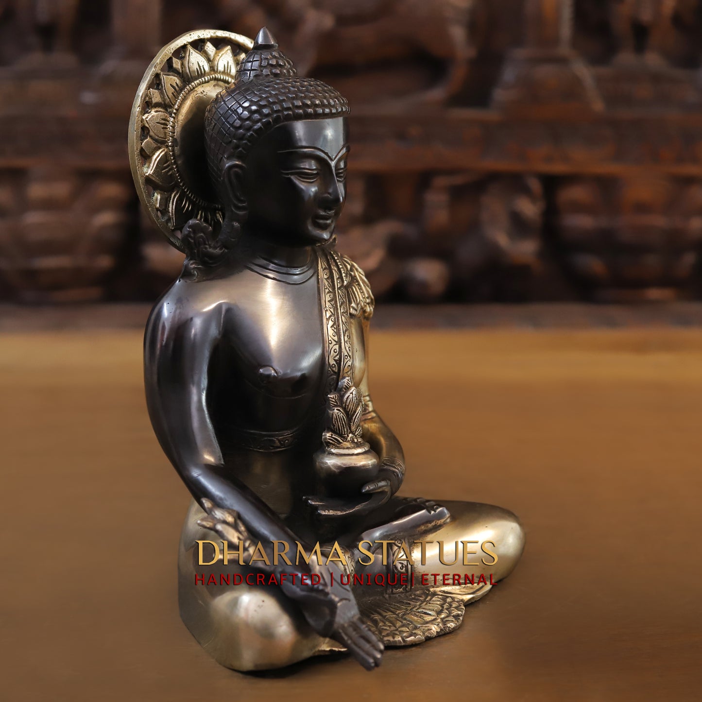 Brass Buddha Statue Seated, Black Patina & Golden Finish, 10"