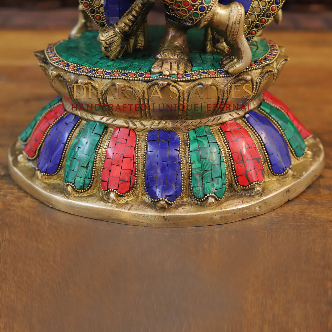 Brass Krishna Idol, With Cow, Golden Finish with Stonework, 19.5"