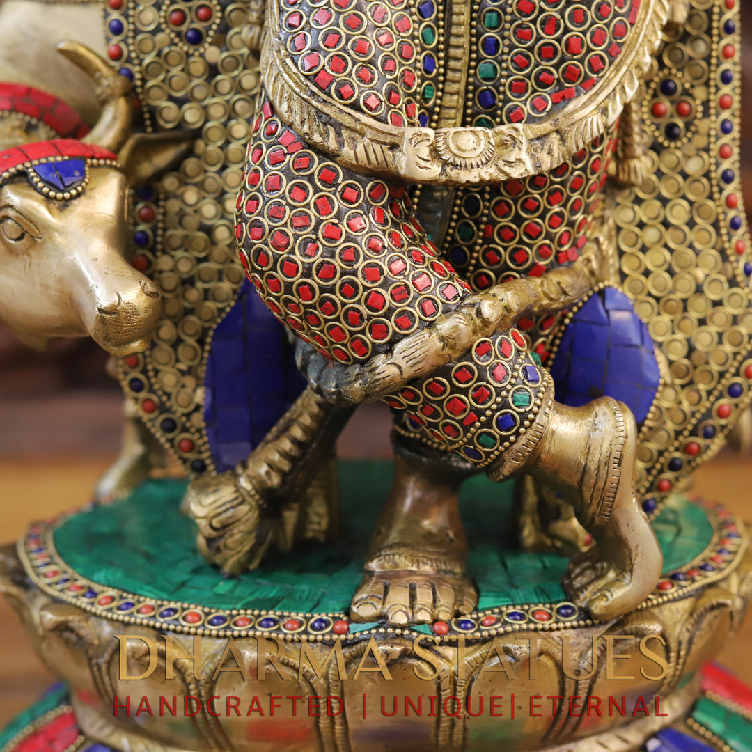 Brass Krishna Idol, With Cow, Golden Finish with Stonework, 19.5"