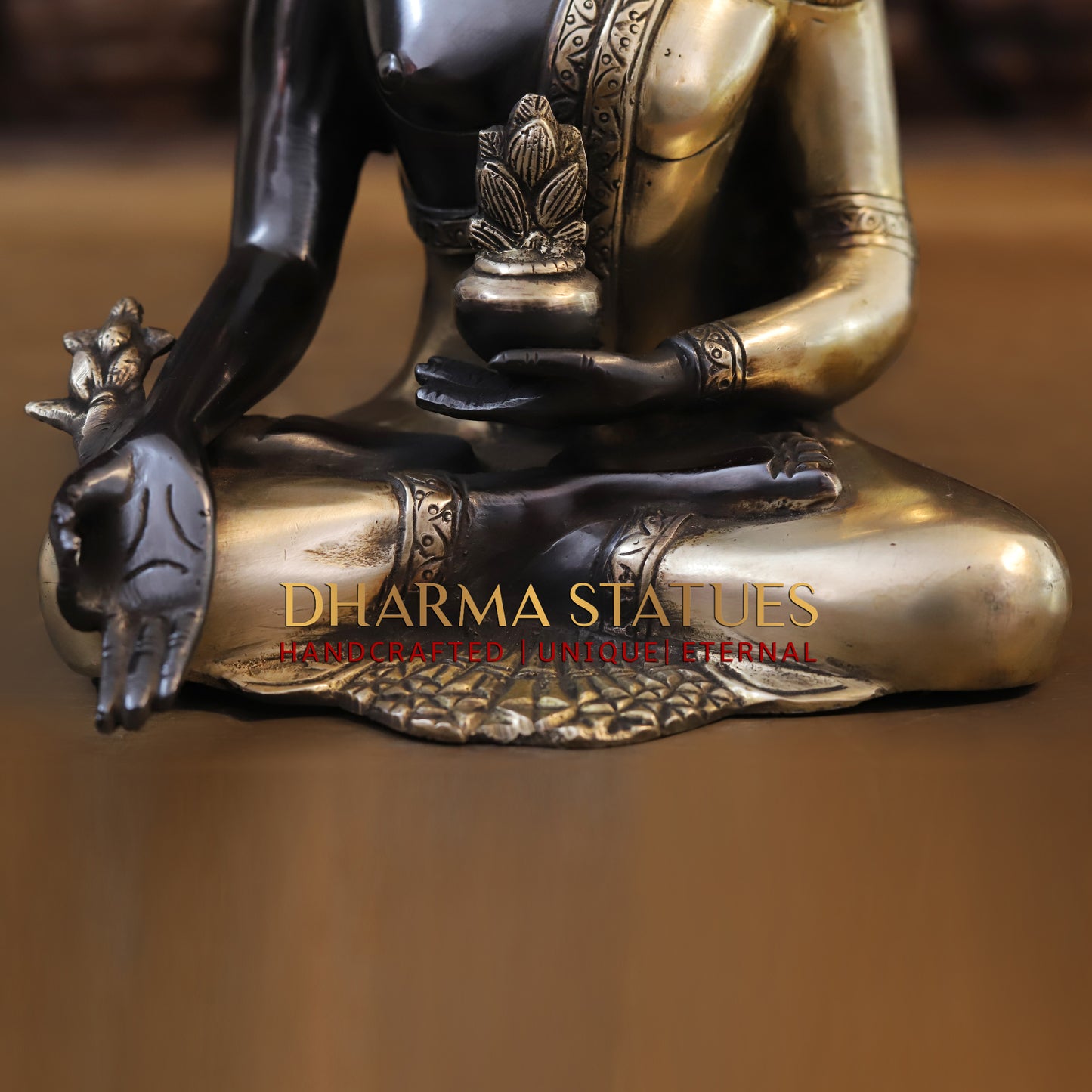 Brass Buddha Statue Seated, Black Patina & Golden Finish, 10"