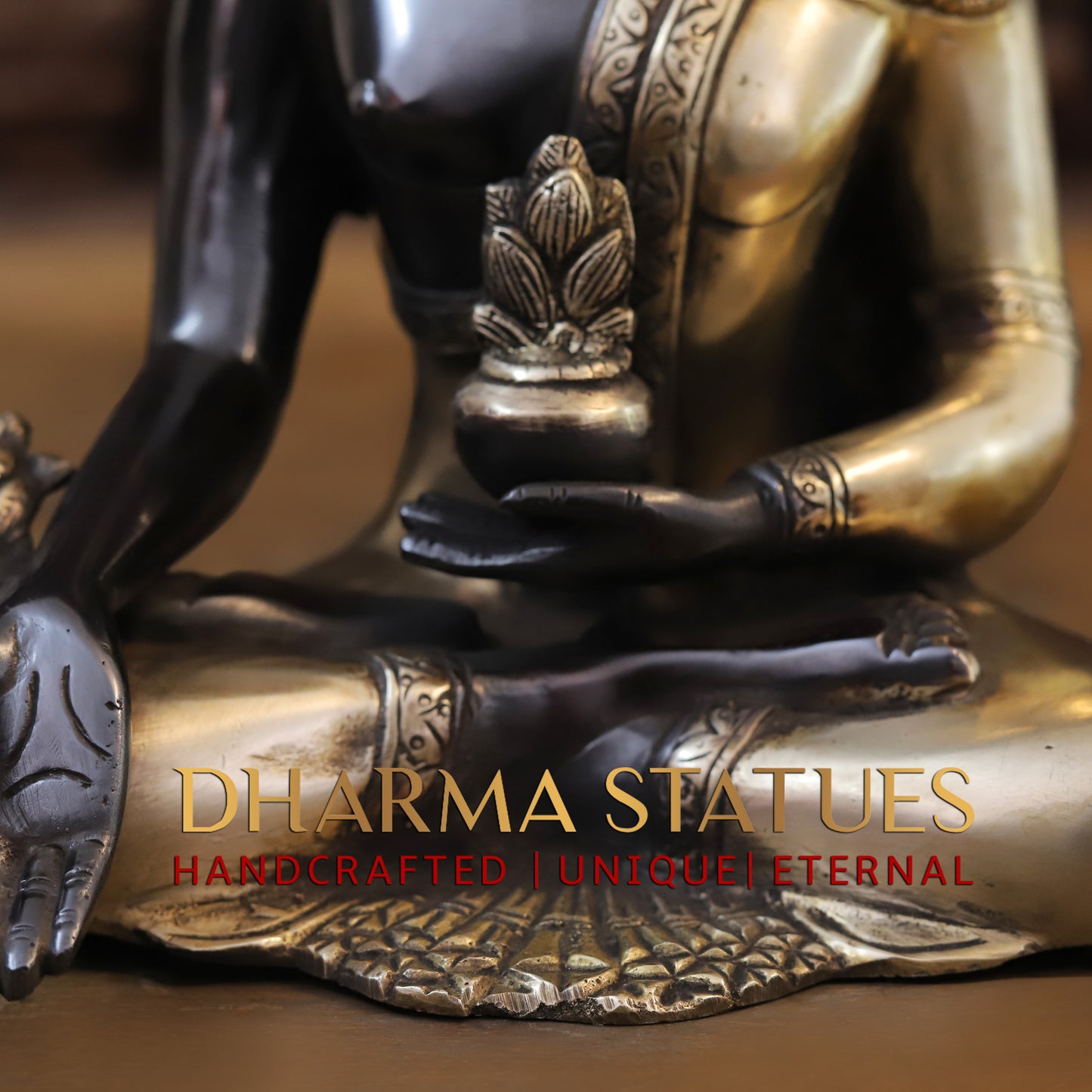 Brass Buddha Statue Seated, Black Patina & Golden Finish, 10"
