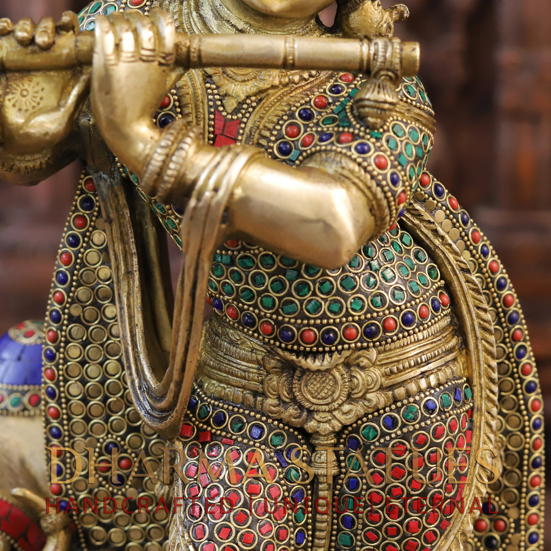 Brass Krishna Idol, With Cow, Golden Finish with Stonework, 19.5"