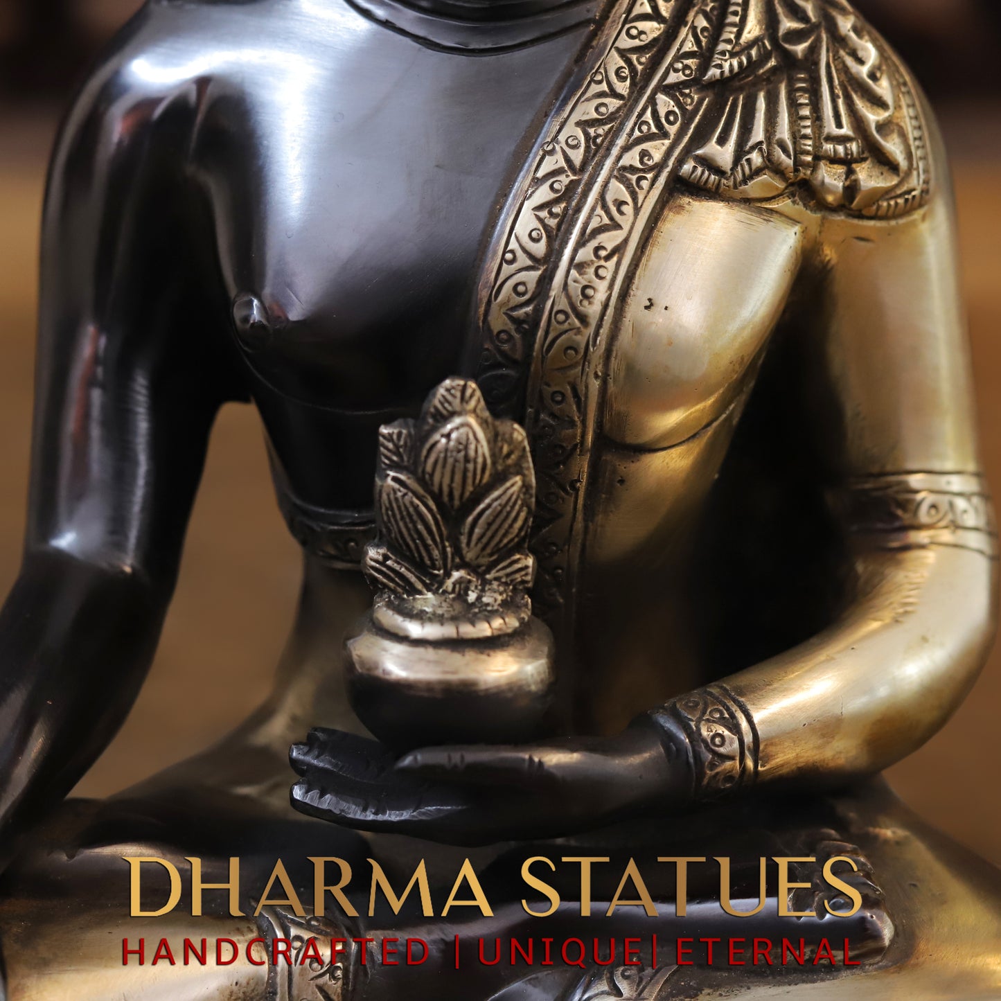 Brass Buddha Statue Seated, Black Patina & Golden Finish, 10"