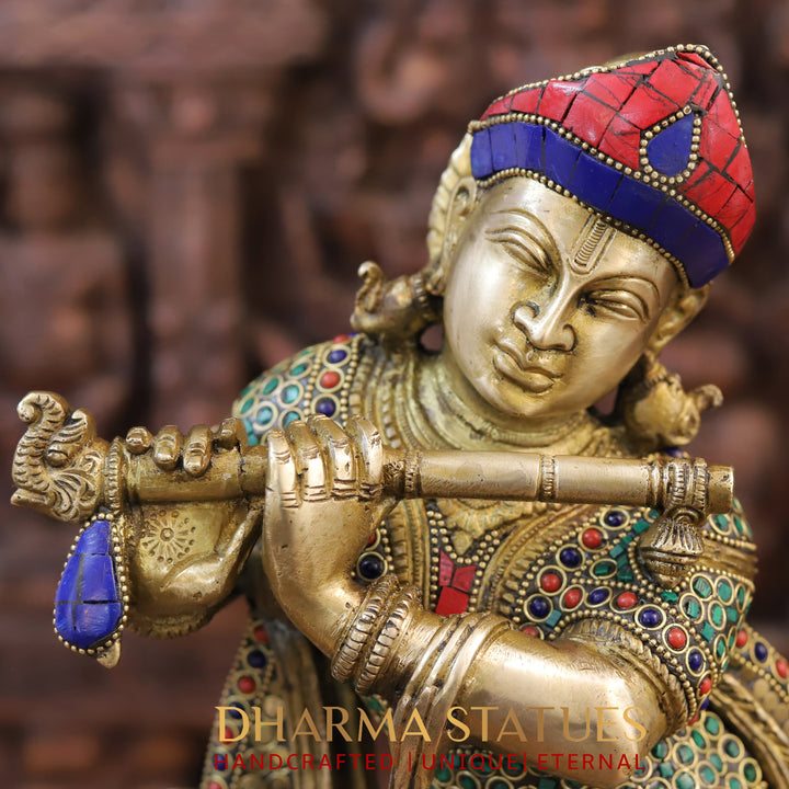 Brass Krishna Idol, With Cow, Golden Finish with Stonework, 19.5"