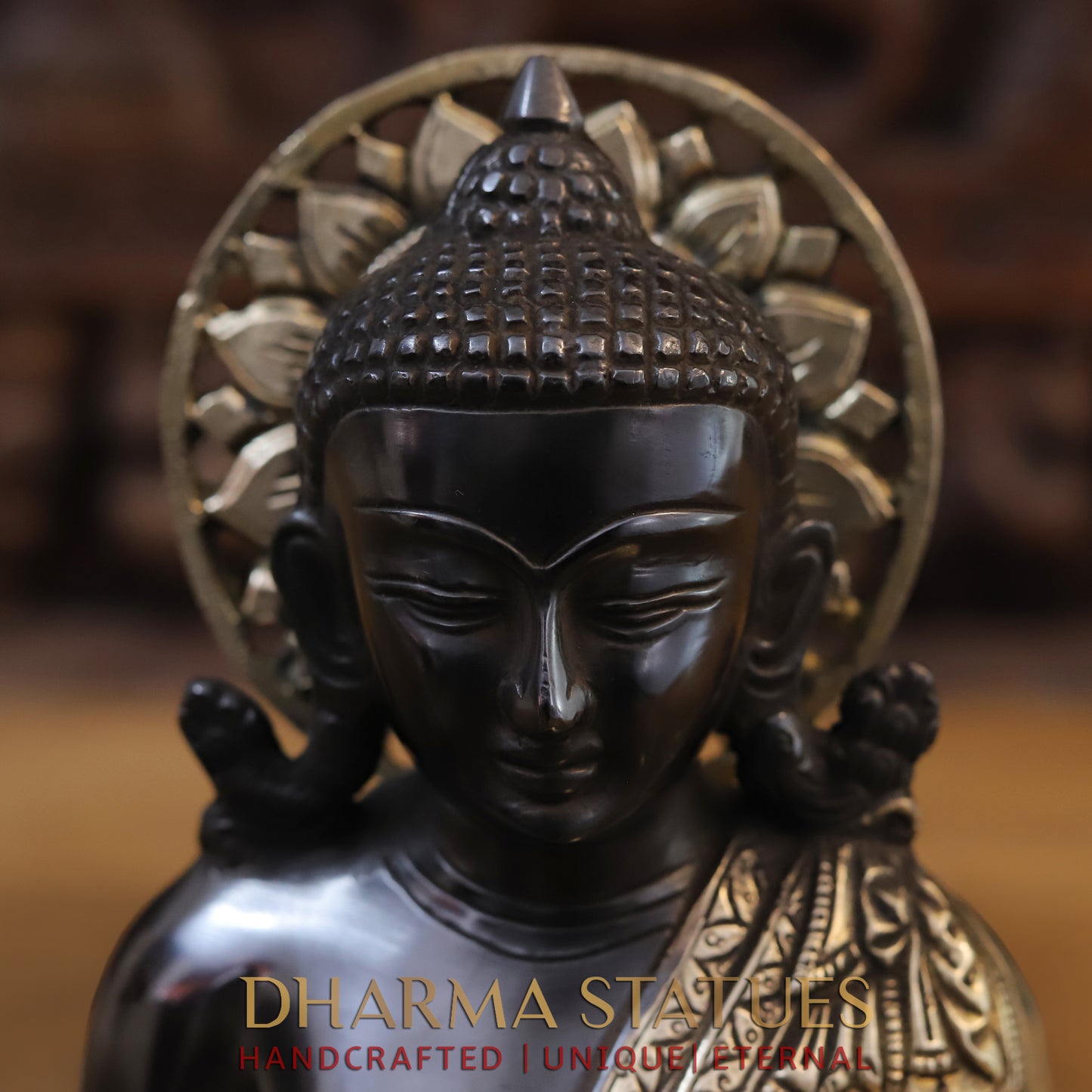 Brass Buddha Statue Seated, Black Patina & Golden Finish, 10"