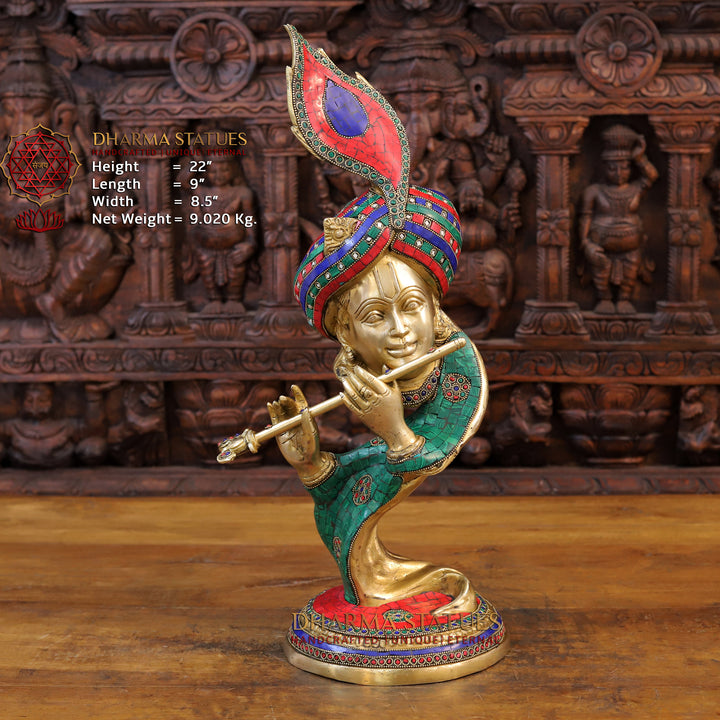 Brass Modern Krishna Idol, Golden and Stone work 22" Front View