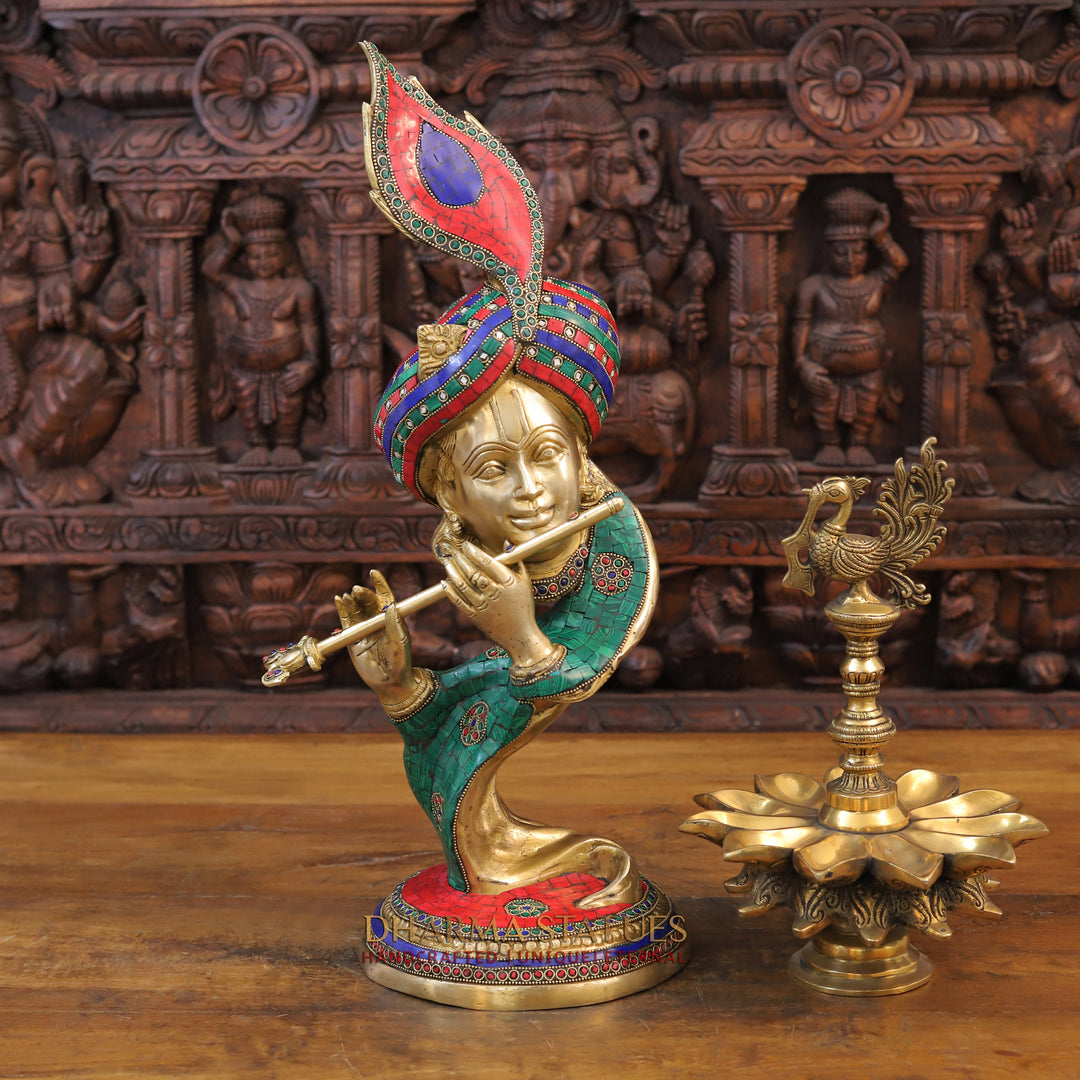 Brass Modern Krishna Idol, Golden Finish with Stone work 22"