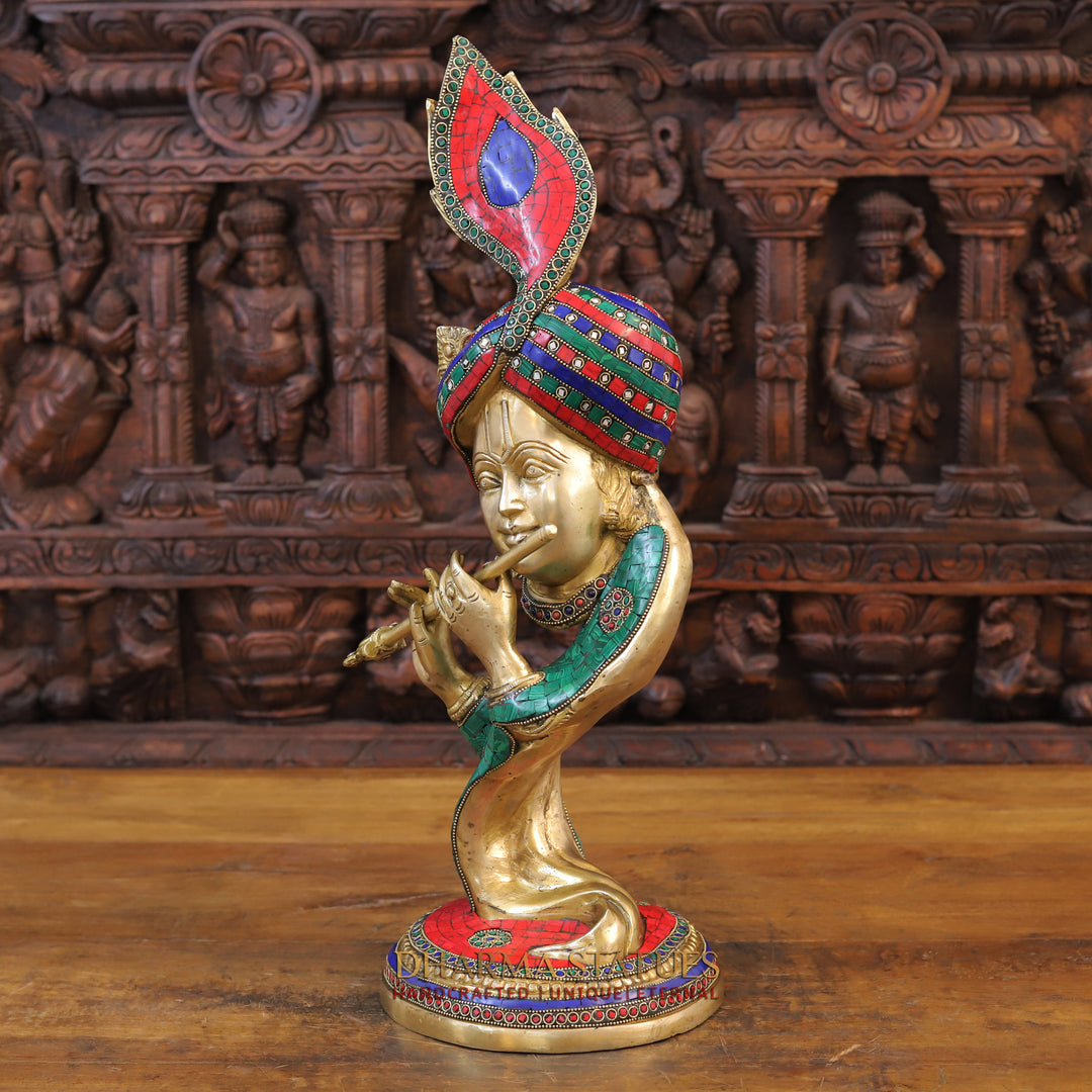 Brass Modern Krishna Idol, Golden Finish with Stone work 22"