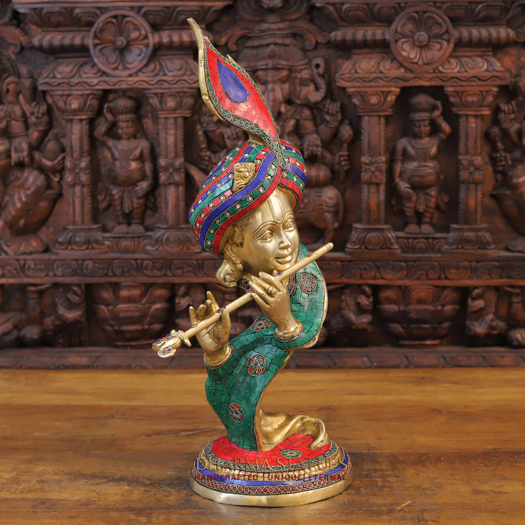 Brass Modern Krishna Idol, Golden Finish with Stone work 22"