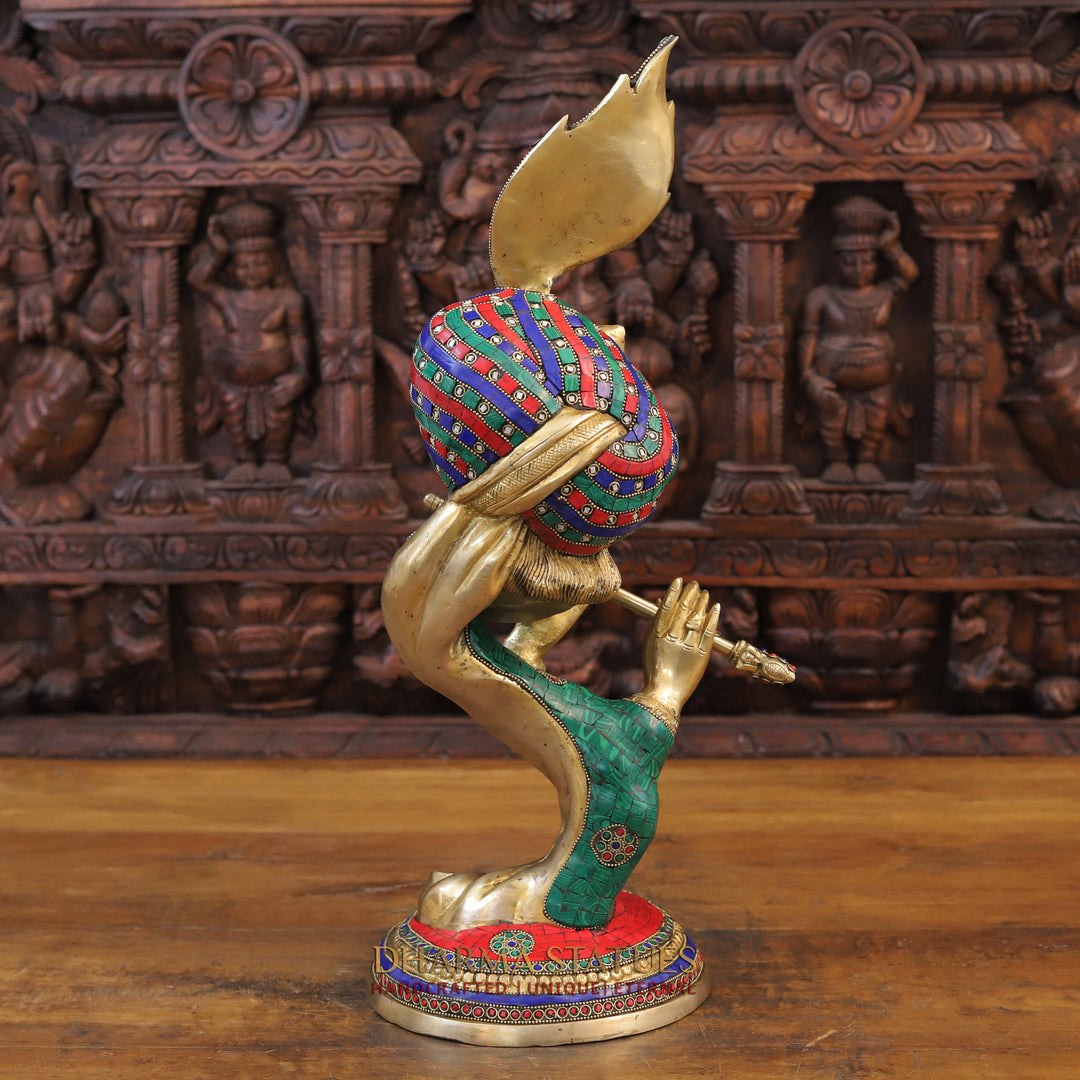 Brass Modern Krishna Idol, Golden Finish with Stone work 22"