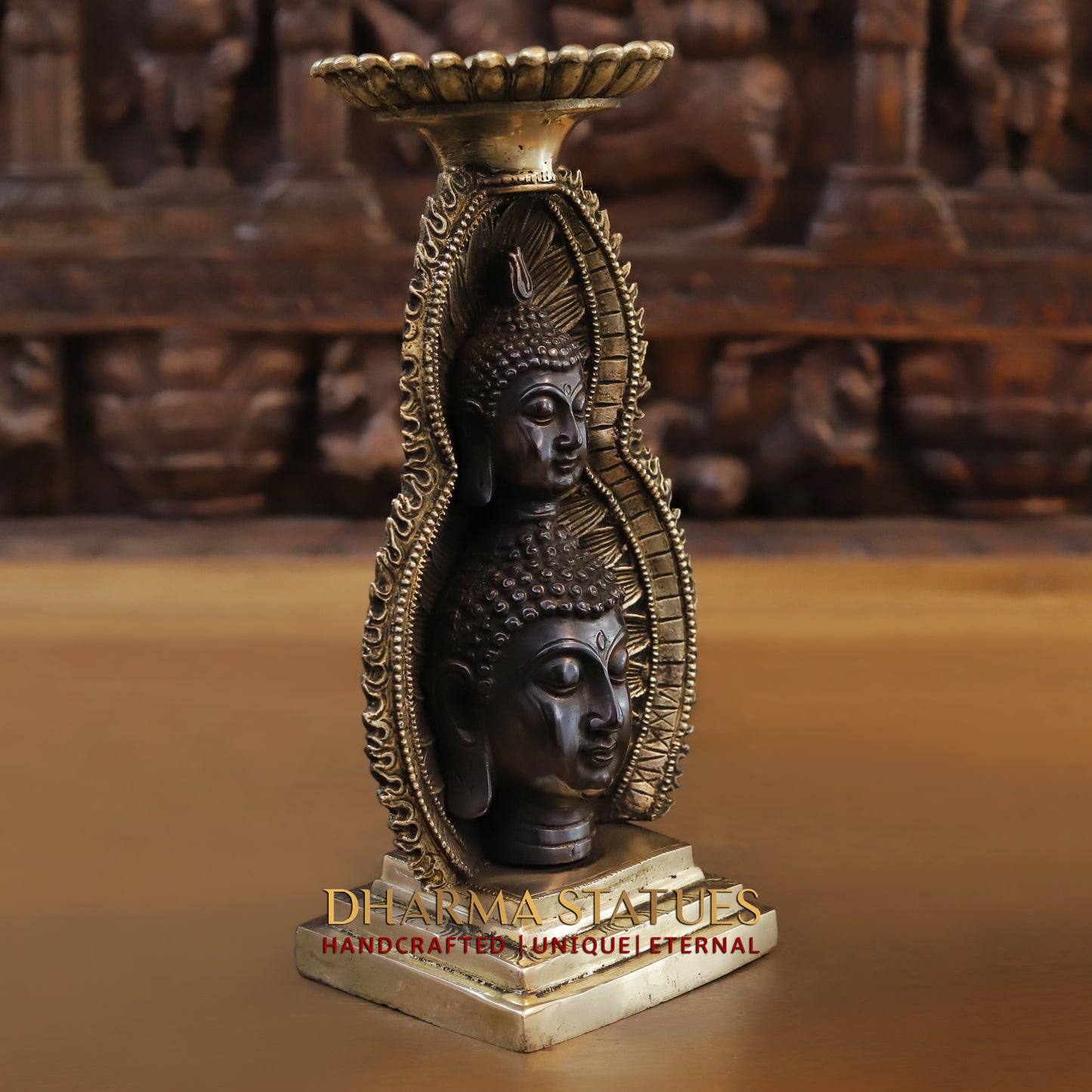 Brass Buddha Statue With Candle Holder, Double Face Buddha, Black Patina & Golden Finish, 12"