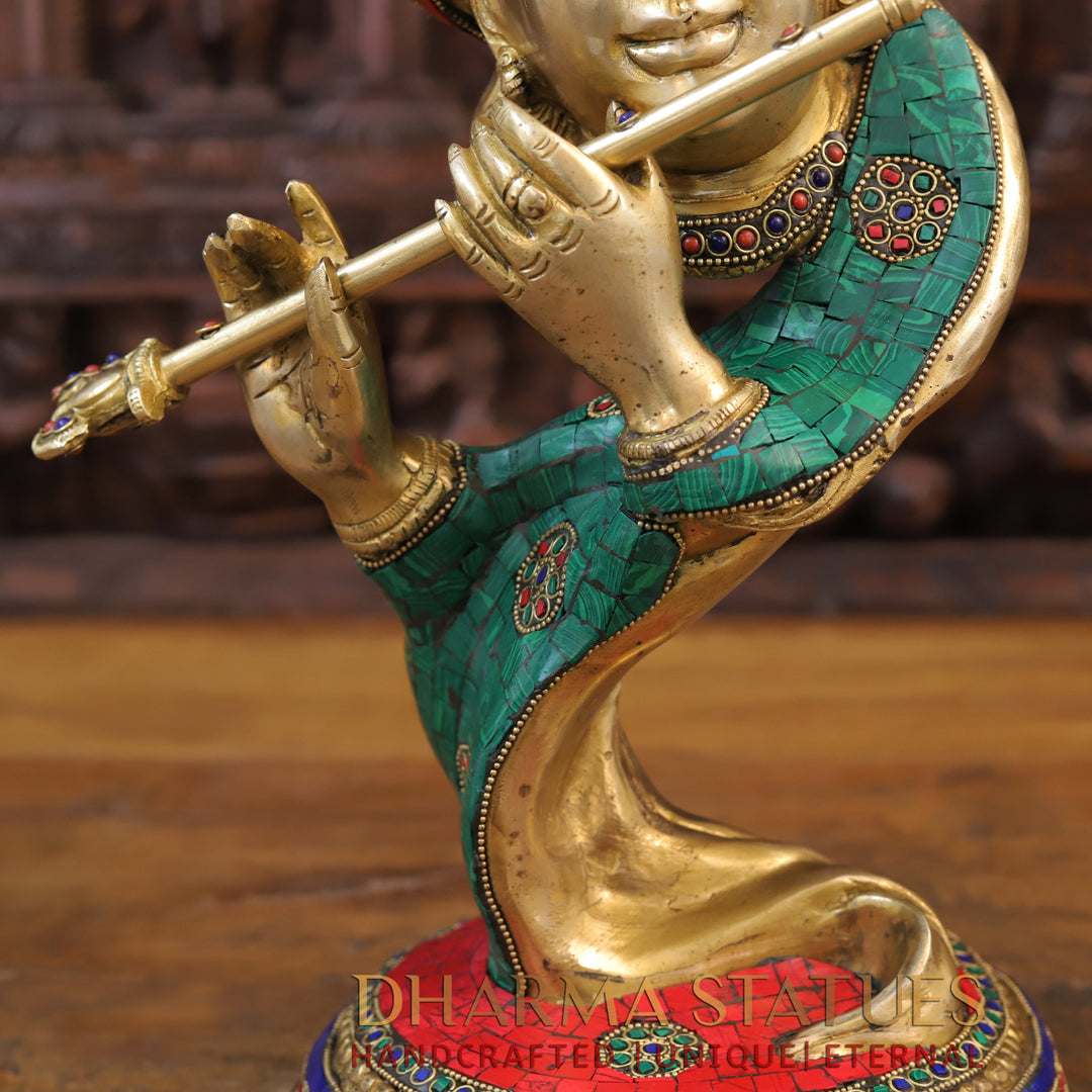 Brass Modern Krishna Idol, Golden Finish with Stone work 22"