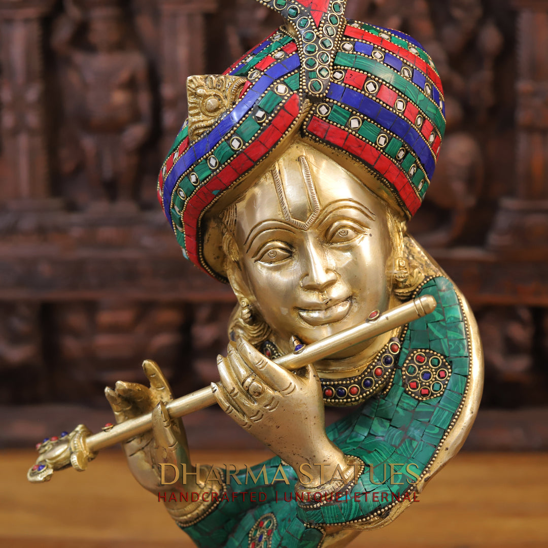 Brass Modern Krishna Idol, Golden Finish with Stone work 22"