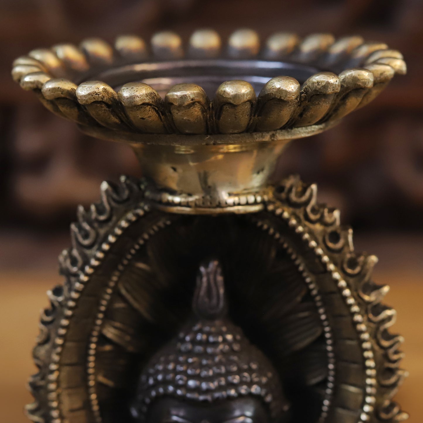 Brass Buddha Statue With Candle Holder, Double Face Buddha, Black Patina & Golden Finish, 12"