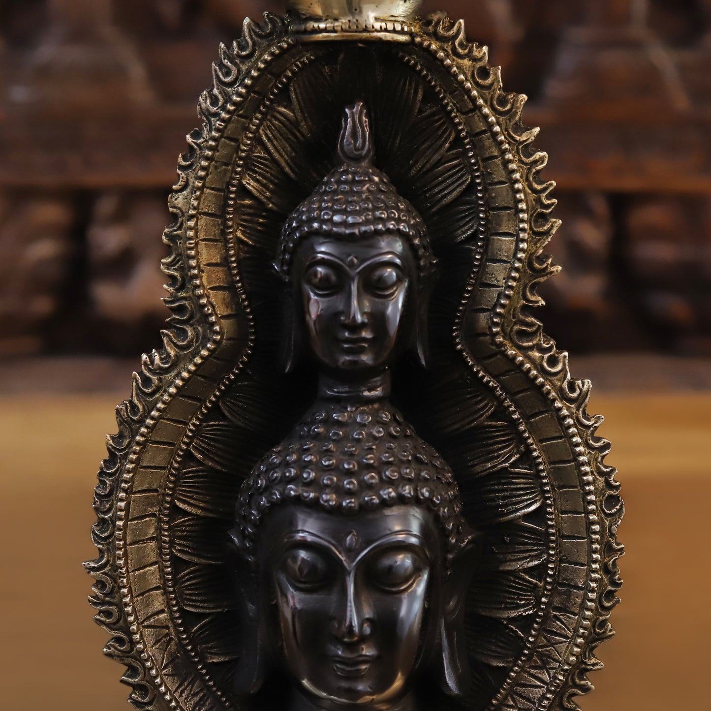 Brass Buddha Statue With Candle Holder, Double Face Buddha, Black Patina & Golden Finish, 12"