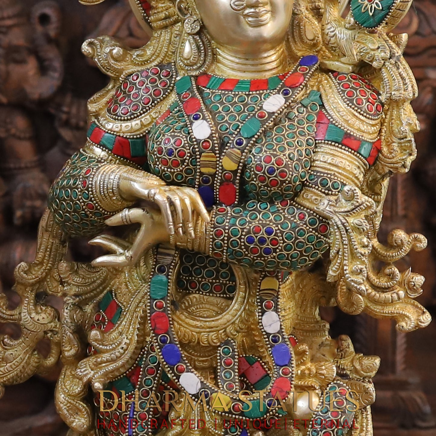 Brass Radha Krishna Statue, Stonework & Fine Gold Finish, 27"
