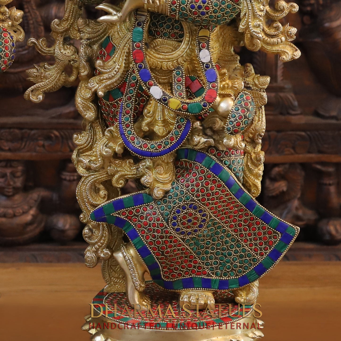 Brass Radha Krishna Statue, Stonework & Fine Gold Finish, 27"