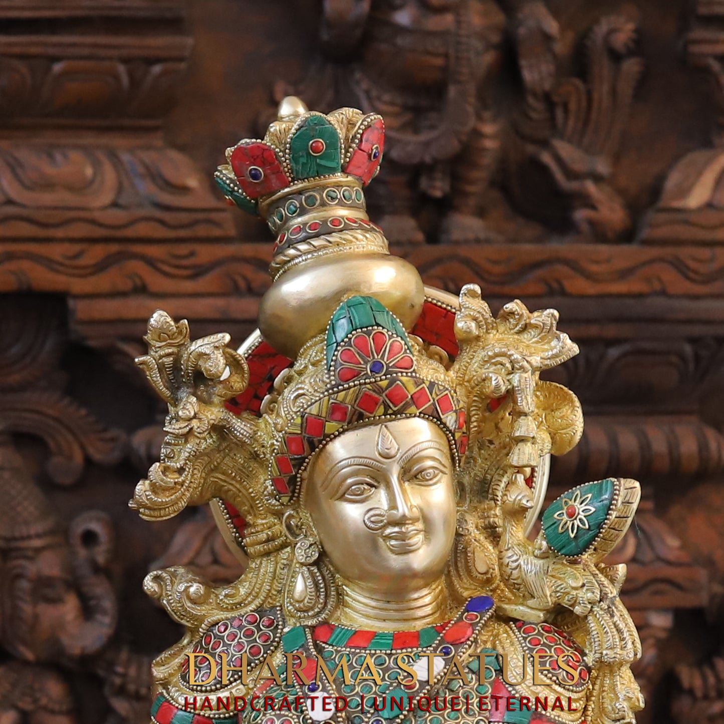 Brass Radha Krishna Statue, Stonework & Fine Gold Finish, 27"