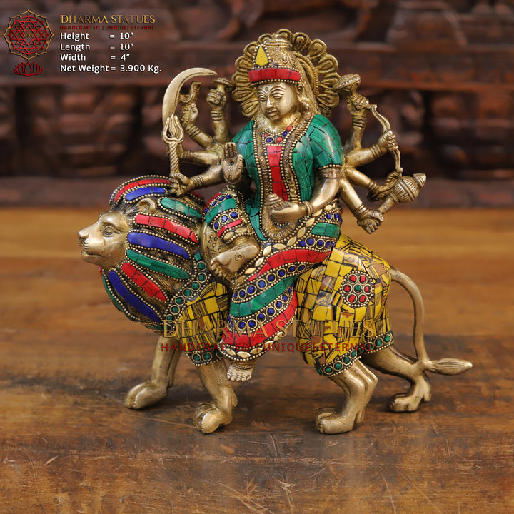 Brass Durga Idol, Mounted on a lion, Golden Finish with Intricate Stonework 10"