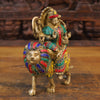 Brass Durga Idol, Mounted on a lion, Golden Finish with Intricate Stonework 10"