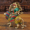 Brass Durga Idol, Mounted on a lion, Golden Finish with Intricate Stonework 10"