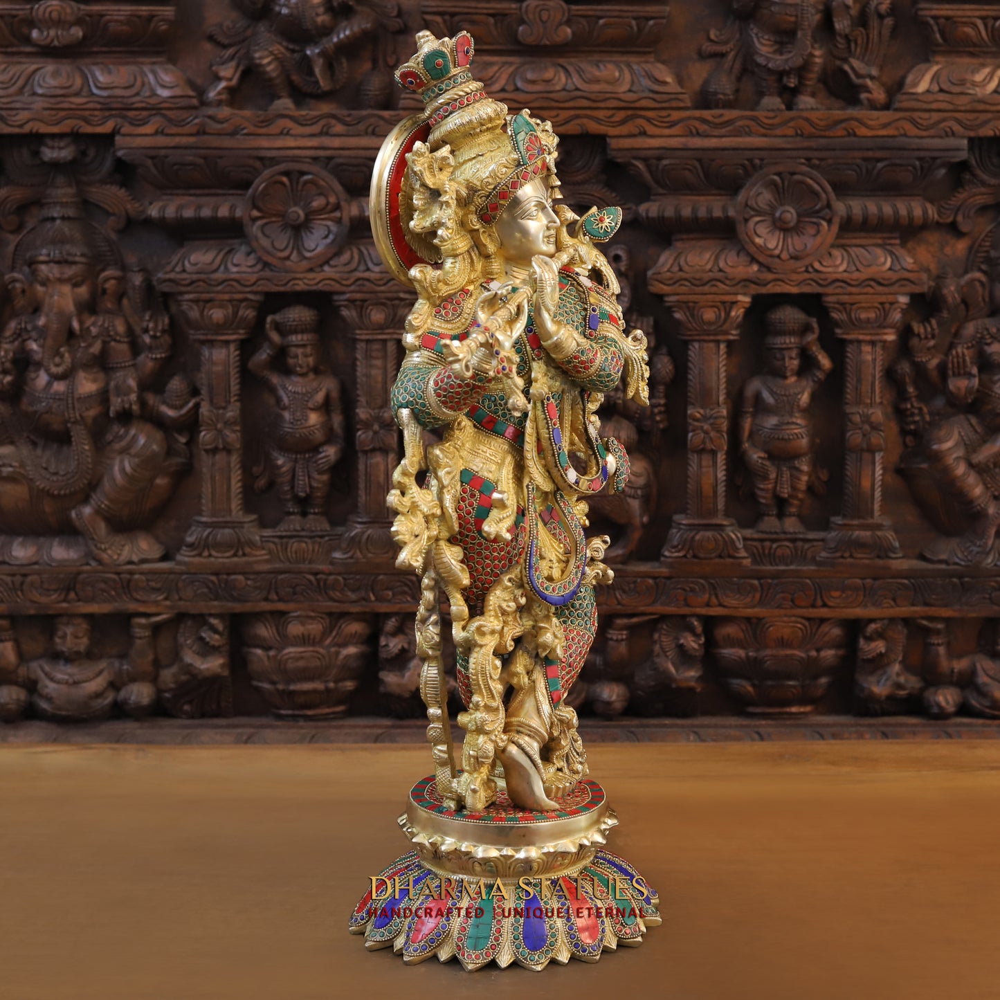 Brass Radha Krishna Statue, Stonework & Fine Gold Finish, 27"