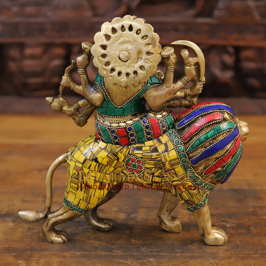 Brass Durga Idol, Mounted on a lion, Golden Finish with Intricate Stonework 10"