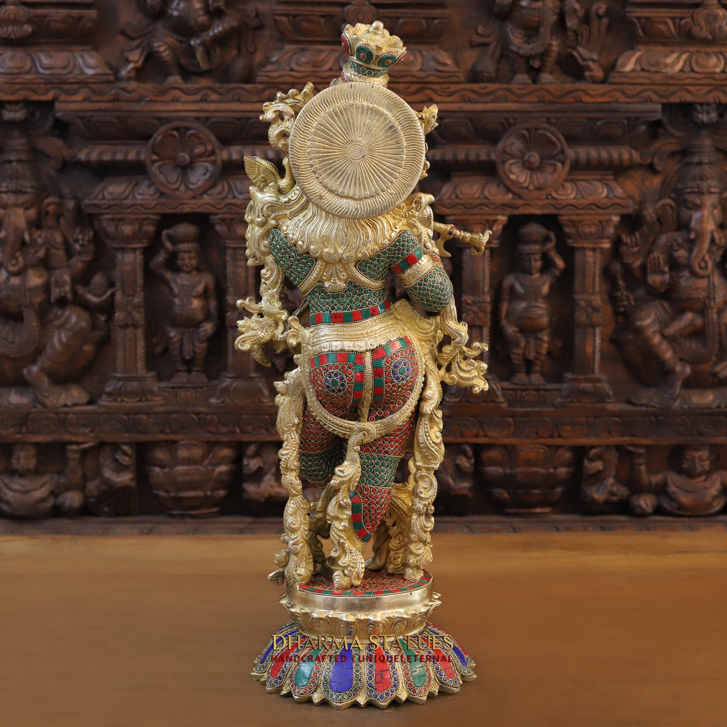 Brass Radha Krishna Statue, Stonework & Fine Gold Finish, 27"
